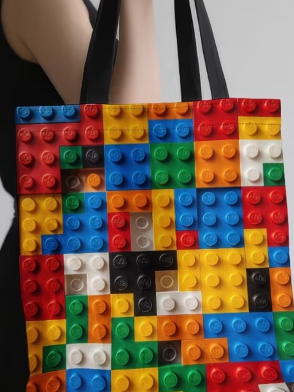 Multicolor Building-Block Print Tote Bag with Black Handles